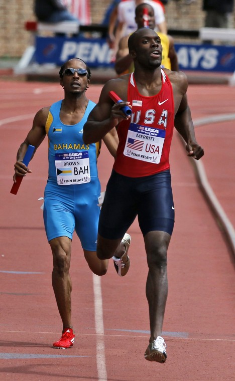 LaShawn Merritt, with the USA Red team, reacts after crossing the finish line in the USA vs. the world men 4 x 400 during the Penn Relays athletics meet Saturday, April 28, 2012 in Philadelphia. USA Red team won with a time of 3:00.15. Behind him is Bahama's Chris Brown. (Alex Brandon | The Associated Press) LaShawn Merritt, with the USA Red team, reacts after crossing the finish line in the USA vs. the world men 4 x 400 during the Penn Relays athletics meet Saturday, April 28, 2012 in Philadelphia. USA Red team won with a time of 3:00.15. Behind him is Bahama's Chris Brown. (Alex Brandon | The Associated Press)