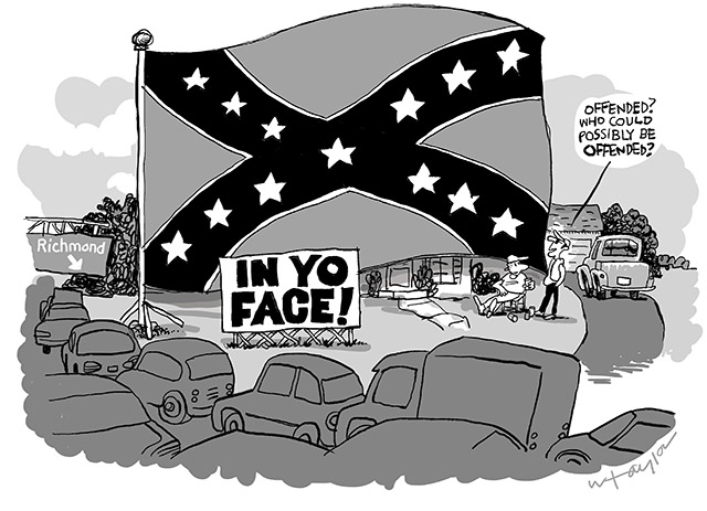 Image:  Giant Confederate flag.  Character says, 
