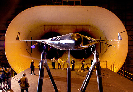 The X-48B Ship No. 1 aircraft underwent a low-speed wind test Thursday in a wind tunnel at NASA Langley Research Center.  
