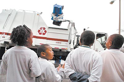 Wearing T-shirts made of recycled materials, students from St. Helena Elementary attended the kickoff celebration for Norfolk�s expanded curbside recycling program Tuesday. 
 
 
 
 
 
 
